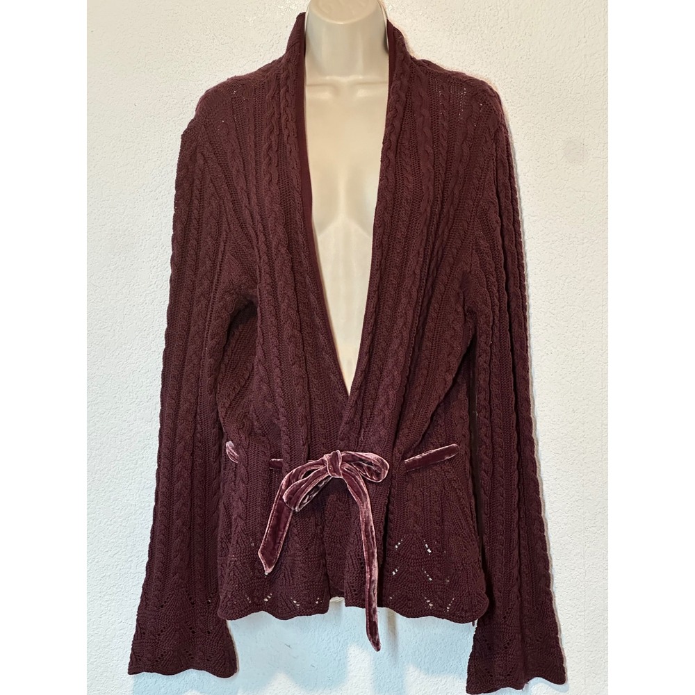 Vtg 90s Lauren Ralph Lauren Burgundy Cable Knit Cardigan Velvet Tie Belt XL